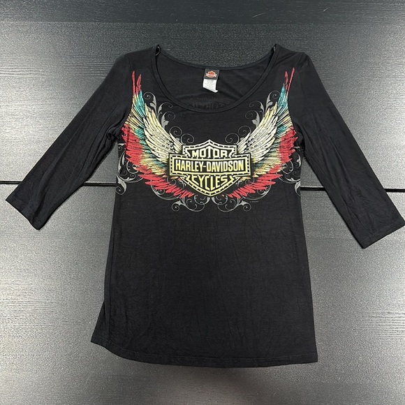 Harley-Davidson Bling Embellished Top with Wing Design and 3/4 Sleeves - Small - Picture 1 of 6